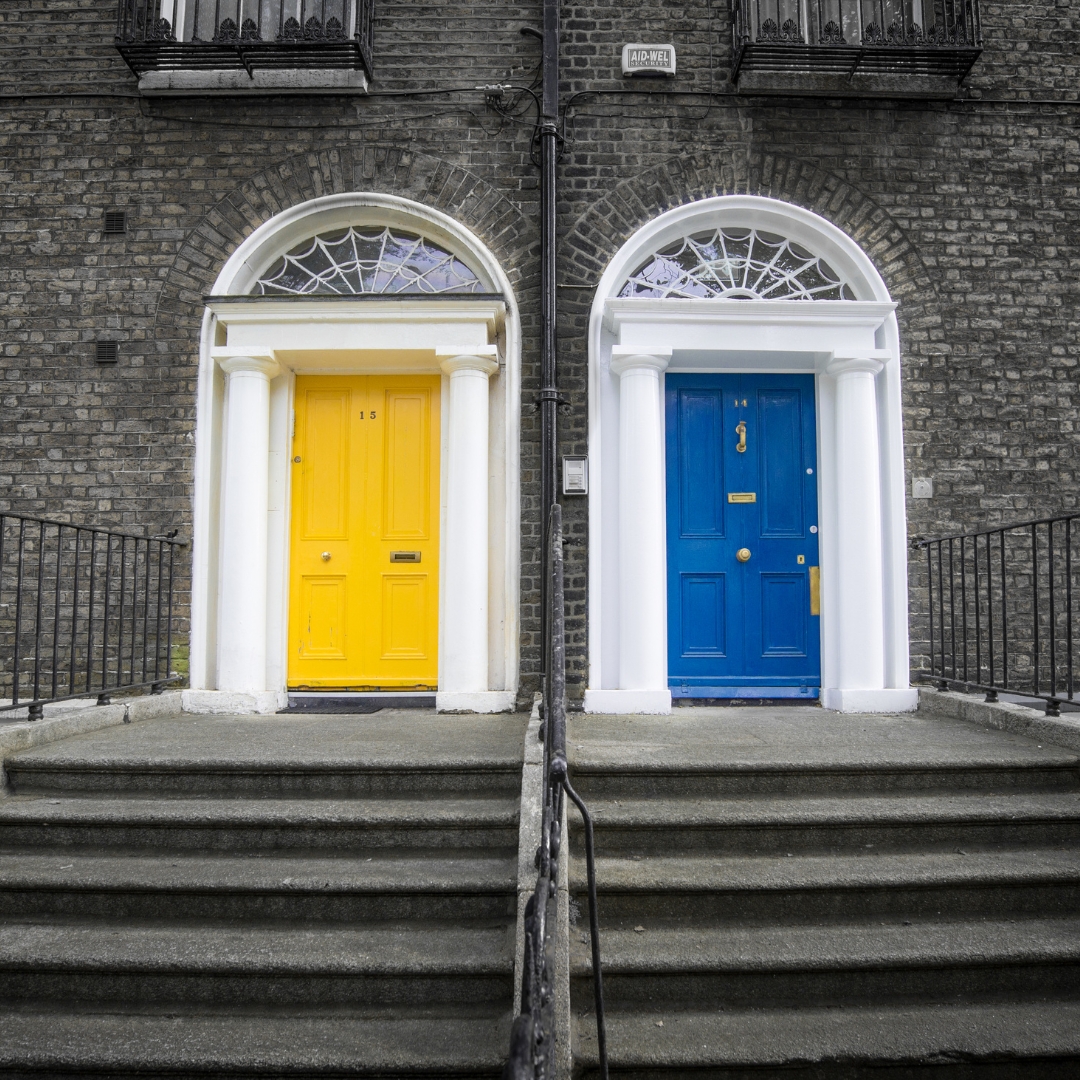 yellow and blue door side by side - Chris Pughe mortgage broker divorce and mortgages